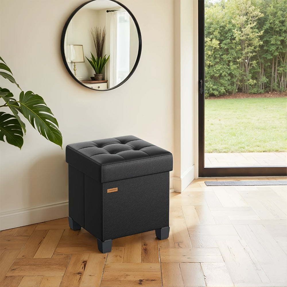 Storage Ottoman Cube with Legs Faux Leather Footstool Footrest 10 Gallon 37L Hidden Storage Seat for Bedroom Living Room Dorm Entryway Toy Box Organizer Black White