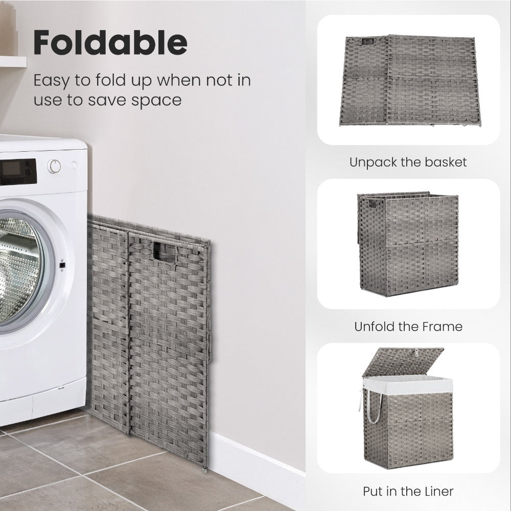 Laundry Hamper with Lid Large Capacity Woven Rattan Storage Basket, Collapsible Clothes Hamper with Handles & Removable Liner, Foldable Breathable Wicker Basket for Bedroom Home Dorm, 2 Sizes