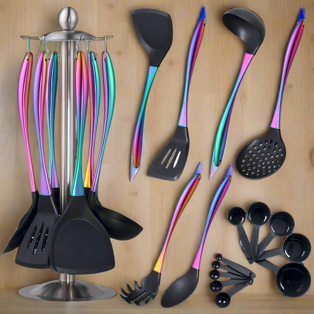 Silicone Cooking Utensils Set 17 Piece Rainbow Titanium with Rotating Holder - Heat Resistant Non-Stick Spatulas, Ladle, Skimmer, Turner & Measuring Cups and Spoons with Stainless Steel Handles