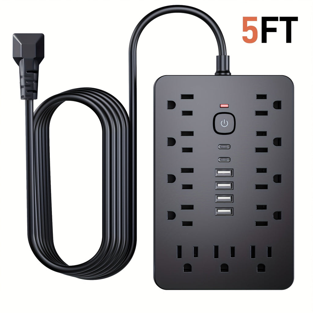 Surge Protector Power Strip 17-in-1 with 11 AC Outlets 4 USB-A 2 USB-C Ports Flat Plug Extension Cord Space-Saving Compact Design for Home Office Kitchen Desk Wall Charging Station