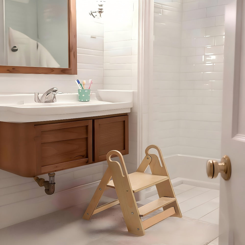 Foldable Step Stool Non-Slip Double-Tier with Handle Portable Toilet Training Stool for Bathroom Kitchen Bedroom Countertop Sink Kids Adults Natural Wood Finish Sturdy Step Ladder