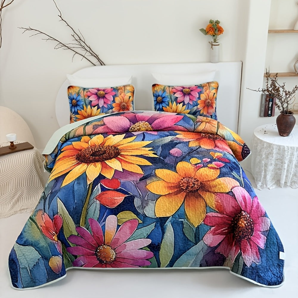 Comforter Set 2 3 Piece Colorful Floral Print Quilt with Pillowcases, Soft Breathable Hypoallergenic Machine Washable Quilted Bed Cover for Twin Full Queen King, Boho Flower Bedding Room Decor