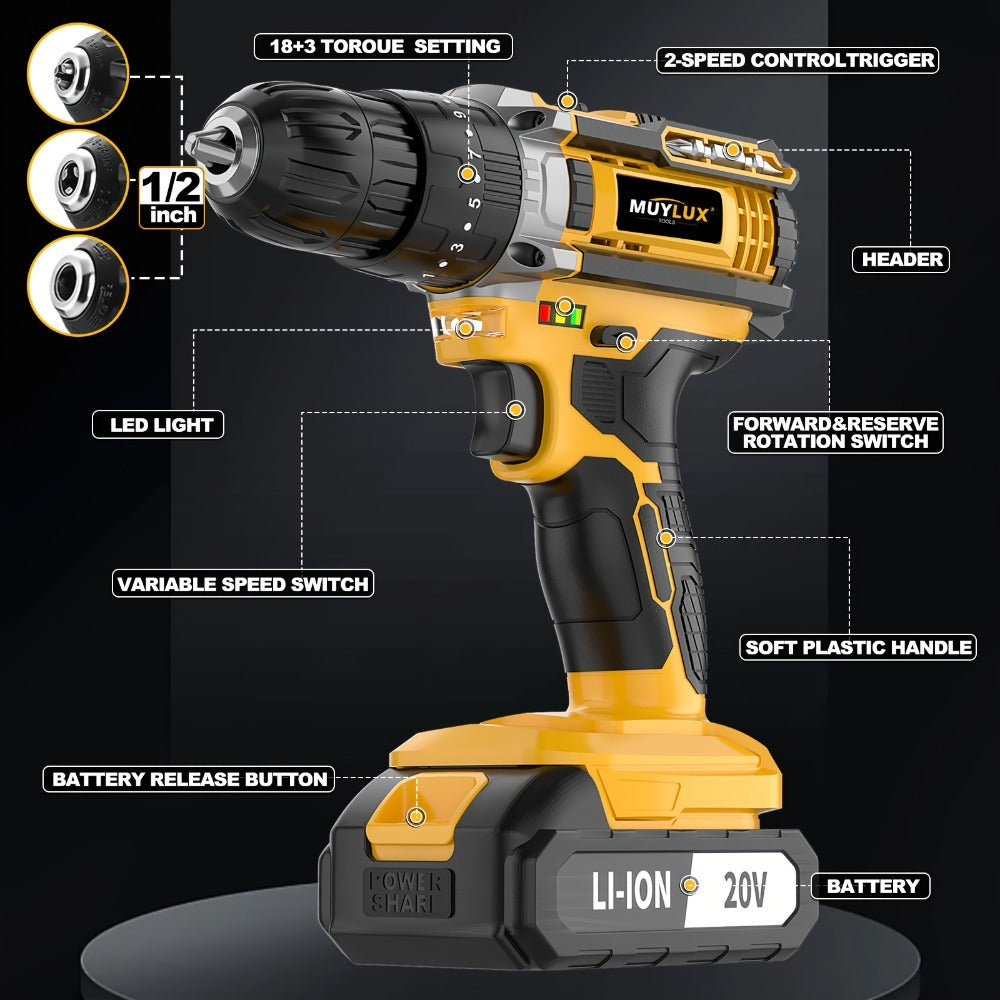 20V Cordless Drill Set Impact Power Drill 3/8 Inch Keyless Chuck 18+3 Clutch 45Nm Max Torque 2-Speed Work Light 2.0Ah Battery Fast Charger 136 148 PCS Kit