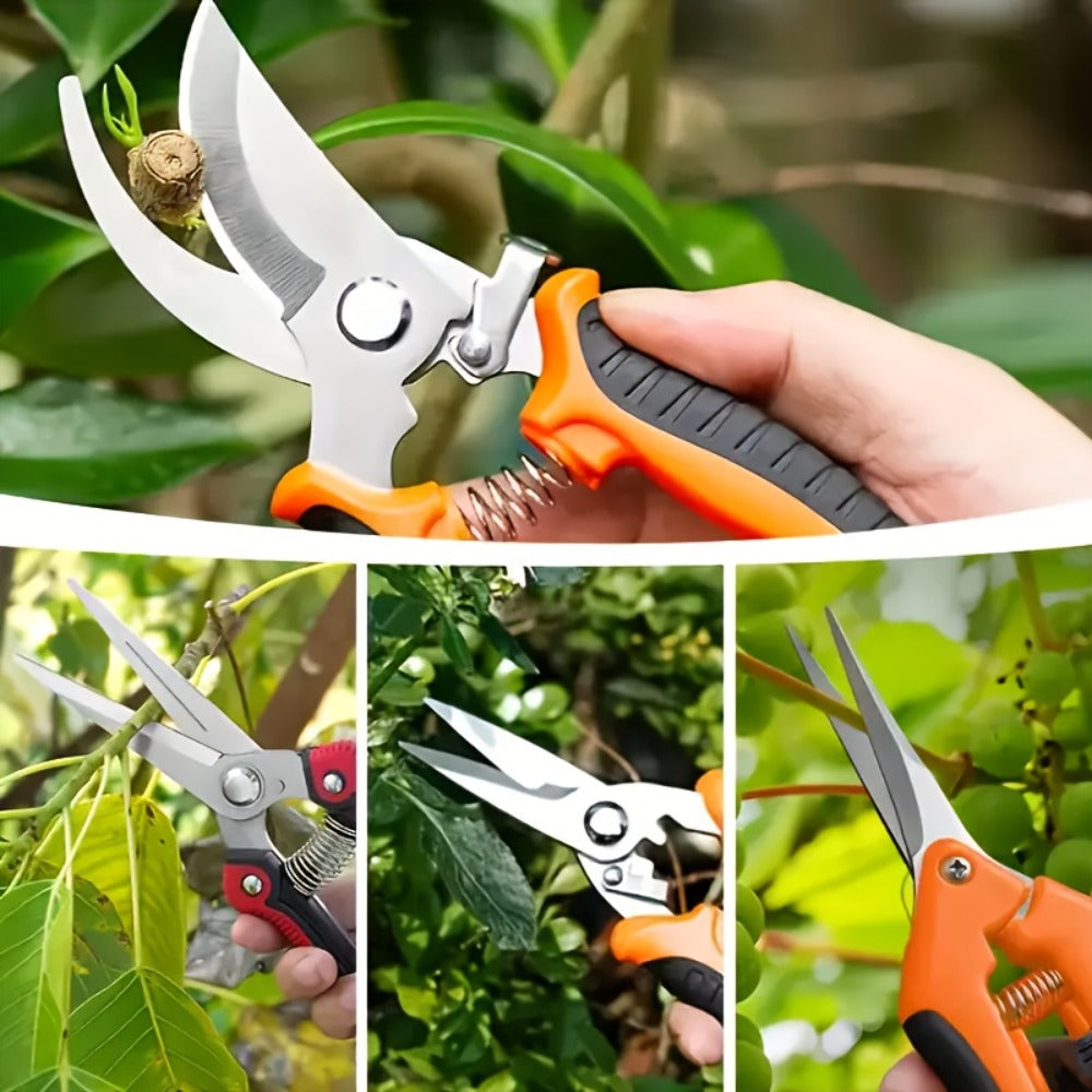 Gardening Pruning Tool Set 8 Piece Stainless Steel | Pruning Shears Scissors Pliers Ergonomic Handle with Wiping Cloth | Lawn Tree Garden Care Kit Orange Yellow Green
