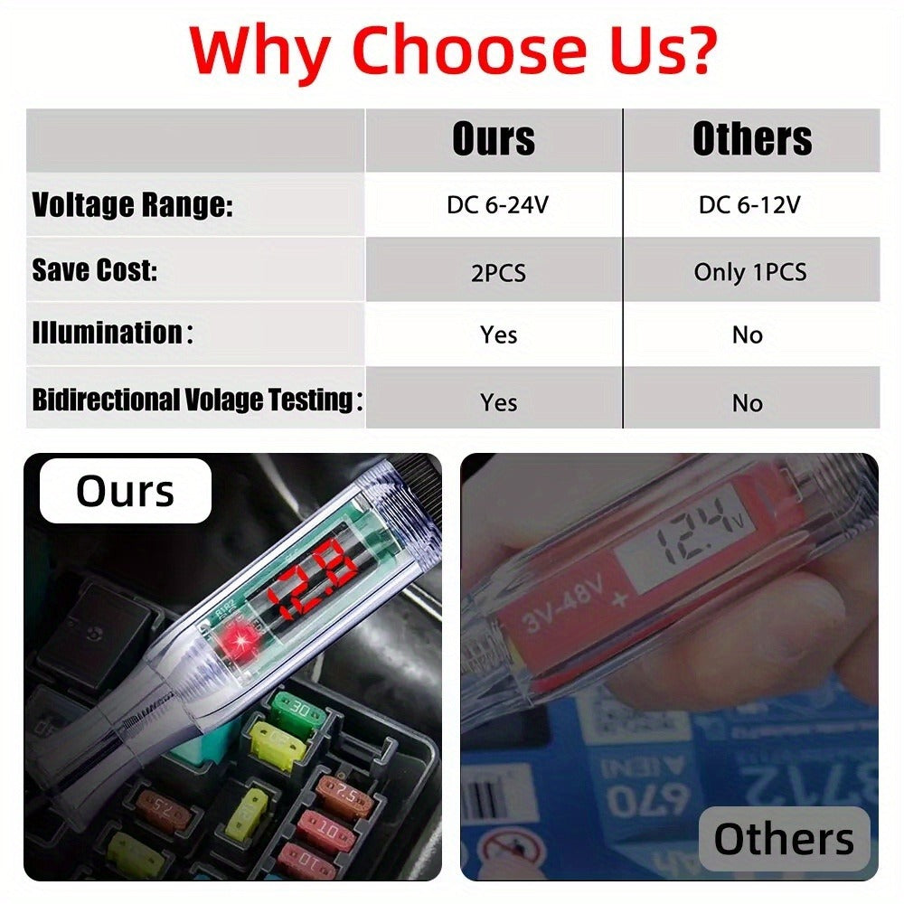 Circuit Tester Pen 2 Pack 6-24V Digital Electric Voltage Tester Automotive Test Light for Car Truck Sensor Battery Fuse Testing ABS Insulated 270cm Spring Wire
