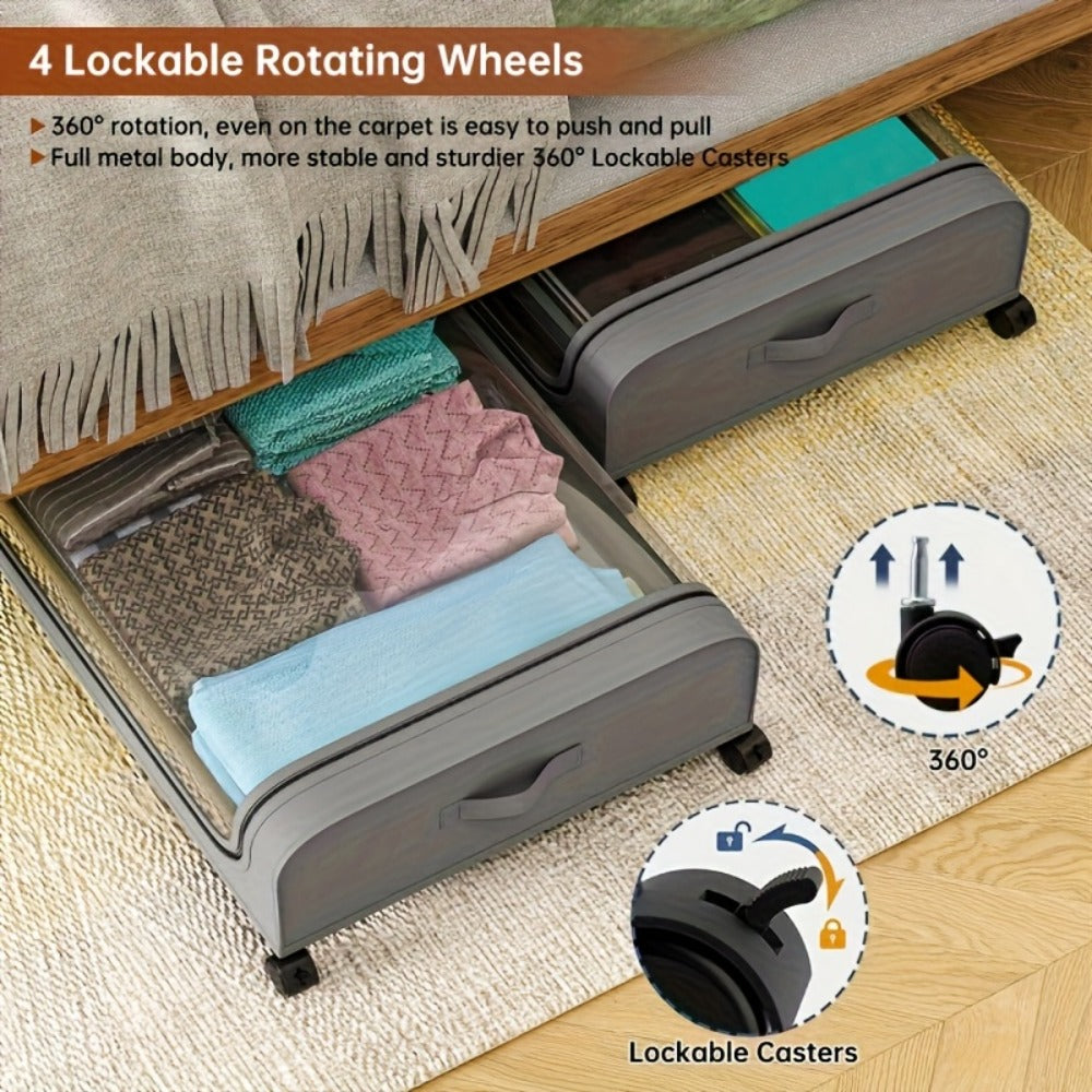 Under Bed Storage Organizer with Wheels & Lid - Metal Rolling Bins for Clothes Bedding Shoes Blankets Books (2pcs)