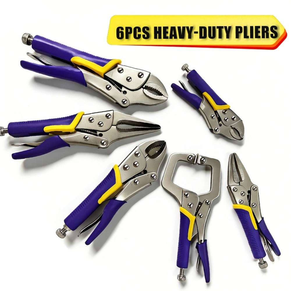 Locking Pliers Set 6pcs Heavy Duty, Includes Needle Nose Pliers 6.5¡± & 9.5¡±, Curved Jaw Locking Pliers 5¡± 7¡± 10¡±, C-Clamp L-Type Pliers with Roll Bag & Ergonomic Metal Handles for Auto, DIY & Workshop