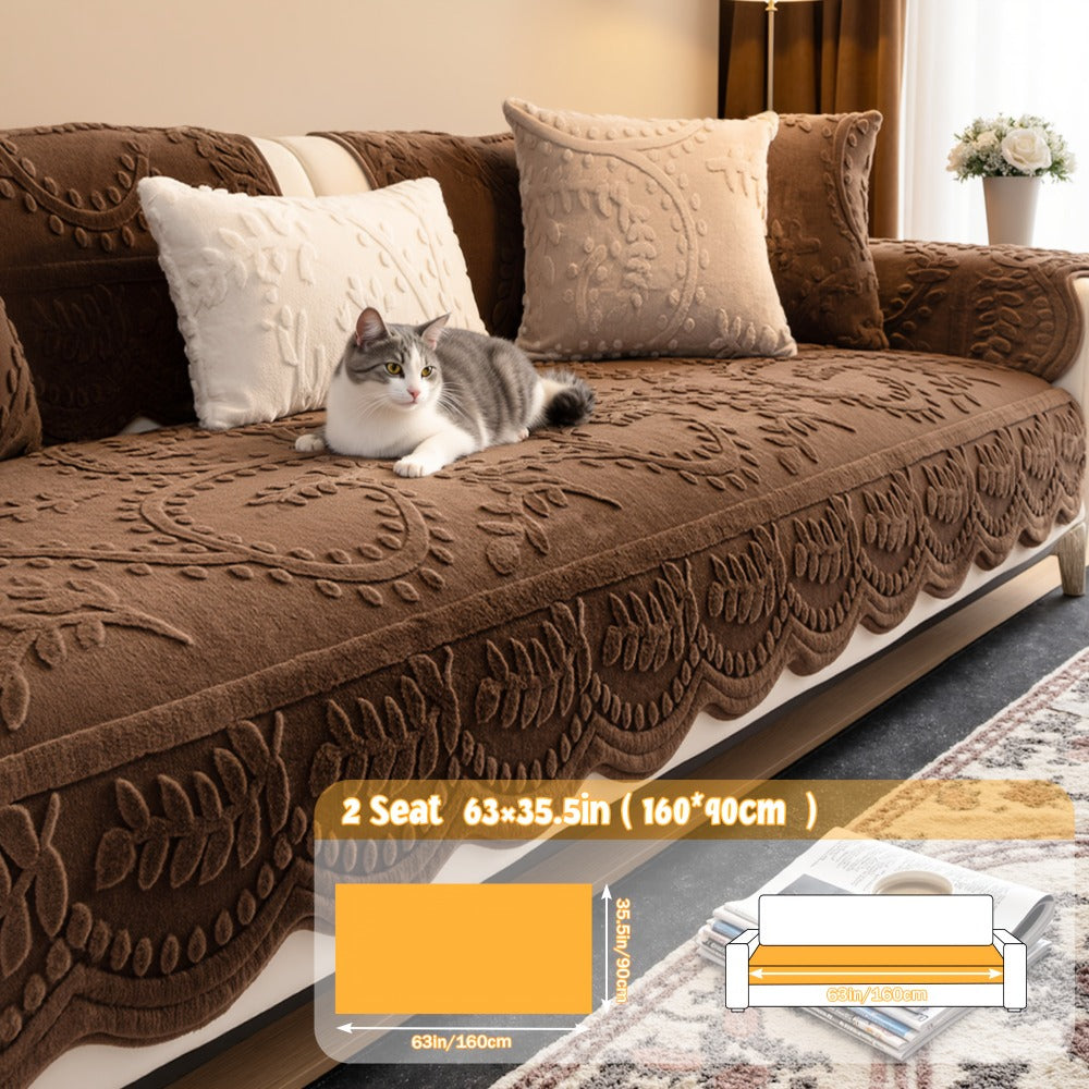 Faux Rabbit Fur Plush Sofa Cover Non-Slip | Thickened Quilted Couch Cushion, Machine Washable Pet Friendly, 1 to 4 Seat Armrest Backrest, White Light Grey Brown, Home Winter Decor