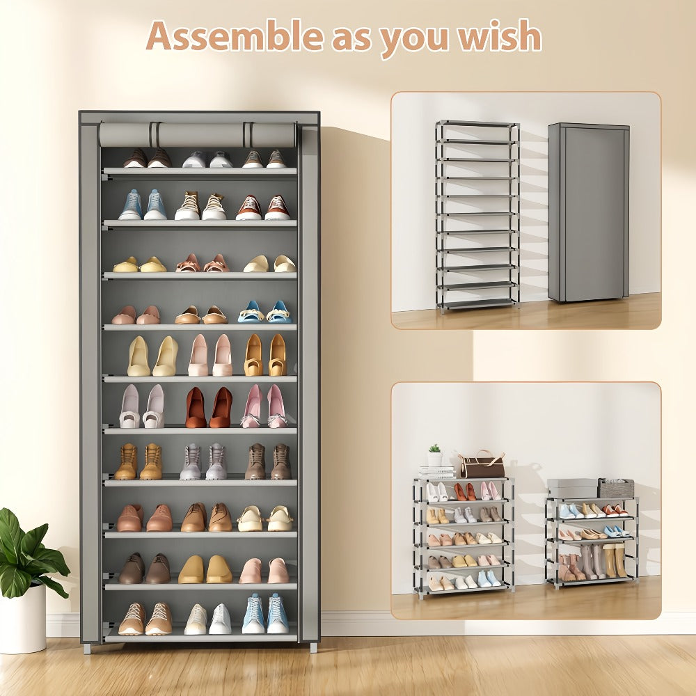 Shoe Rack with Dust Cover ¨C 6/8/10 Tier High-Capacity Space Saving Shoe Organizer, Easy Assembly, 12mm Pipe, Entryway Closet & Wardrobe Storage Rack