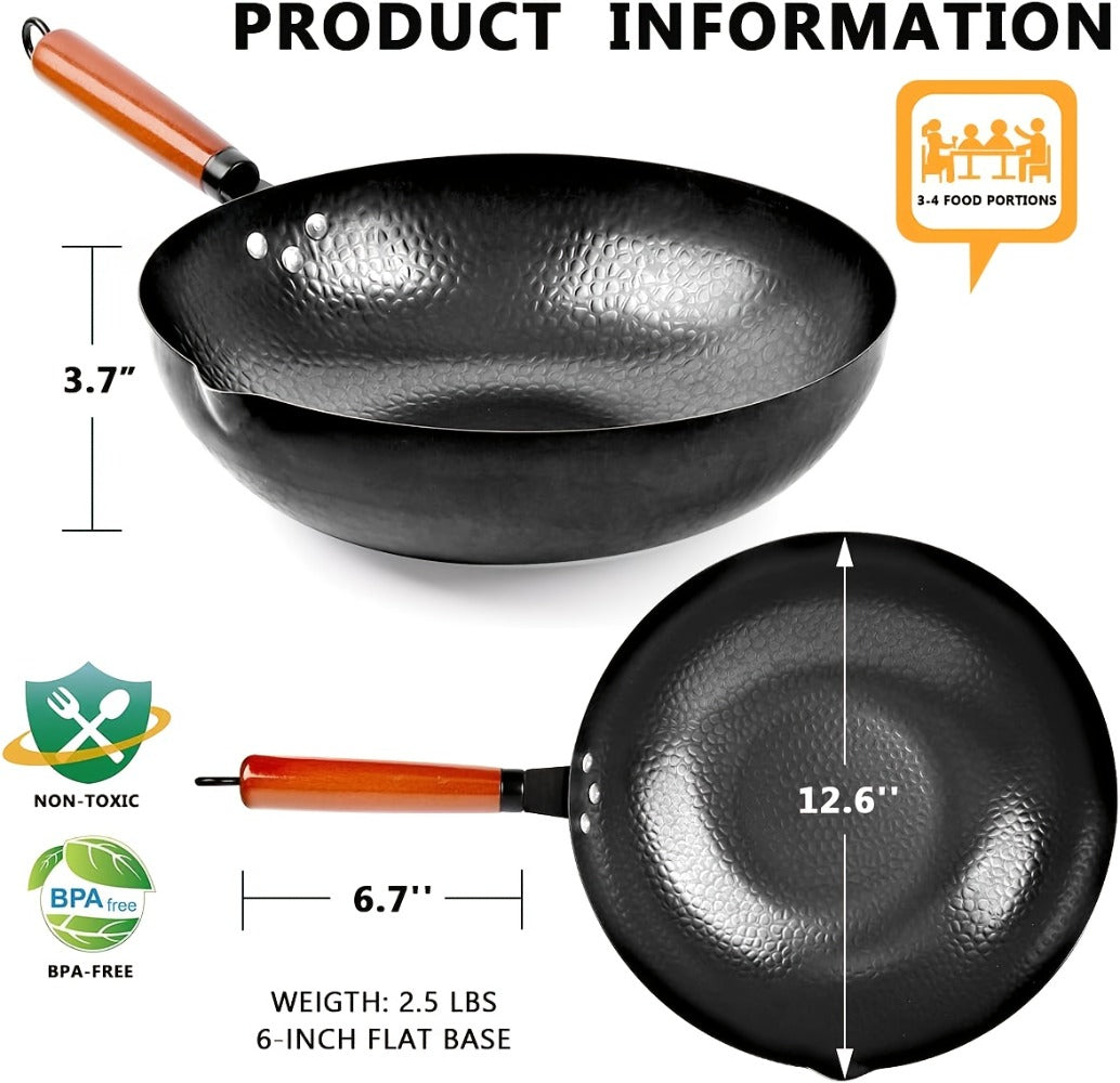 Carbon Steel Wok Set with Lid & Accessories ¨C 14-Piece Non-Stick Stir Fry Pan 12.6¡± for Gas Electric Induction All Stoves | Wok Pan with Spatula Brush Ring Utensils Kitchen Cooking Set