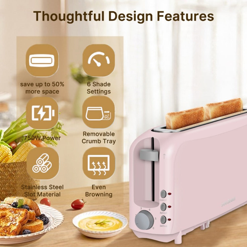 2-Slice Toaster ¨C 6 Shade Settings, Cancel, Reheat & Defrost Functions, Removable Crumb Tray, 750W Compact Design for Bread, Waffles & Bagels, Available in Red, White, Black, Yellow, Pink & Blue
