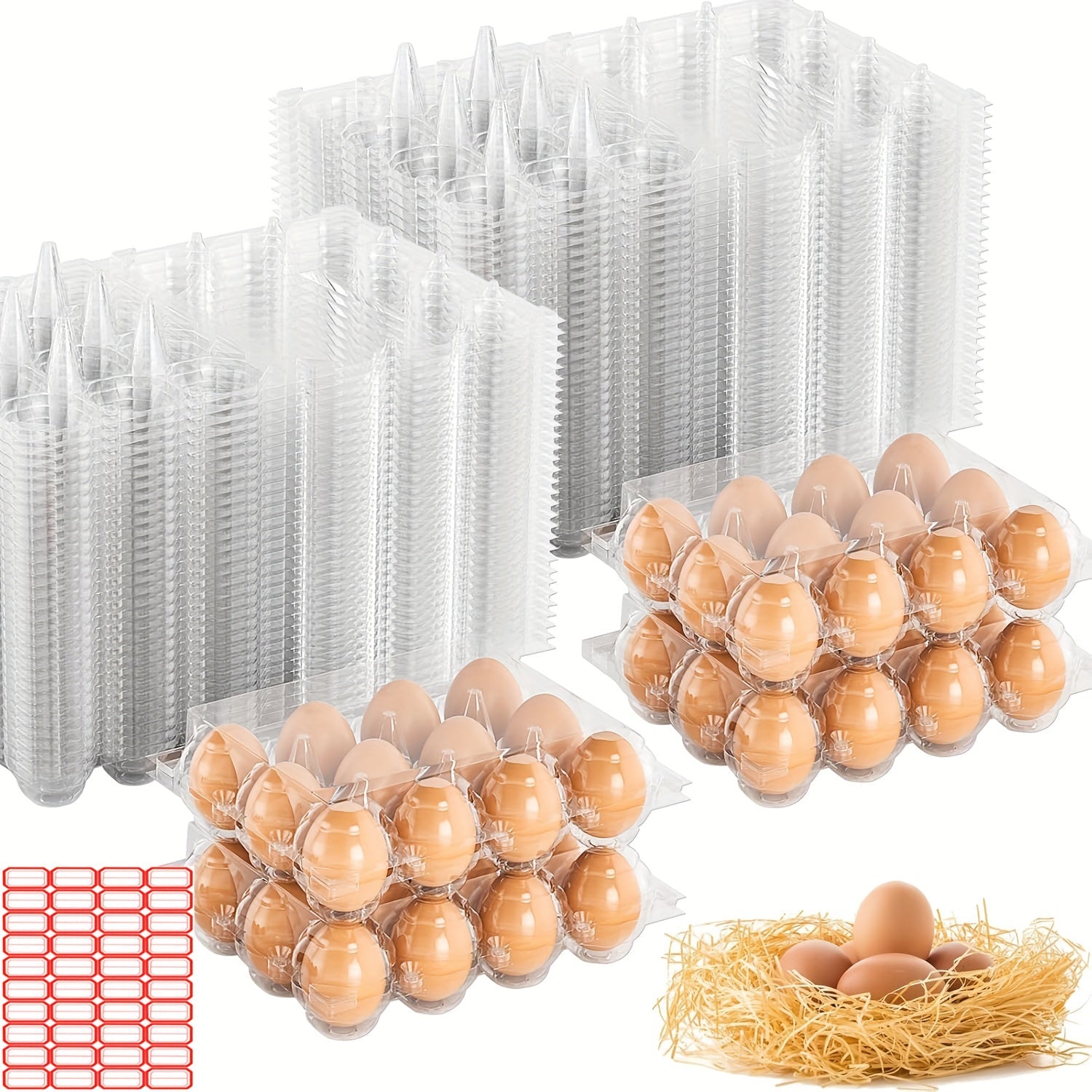 52/104-Pack Clear Plastic Egg Cartons Bulk with Sticker Labels - Reusable 12-Count Egg Containers for Home Farm Market Display