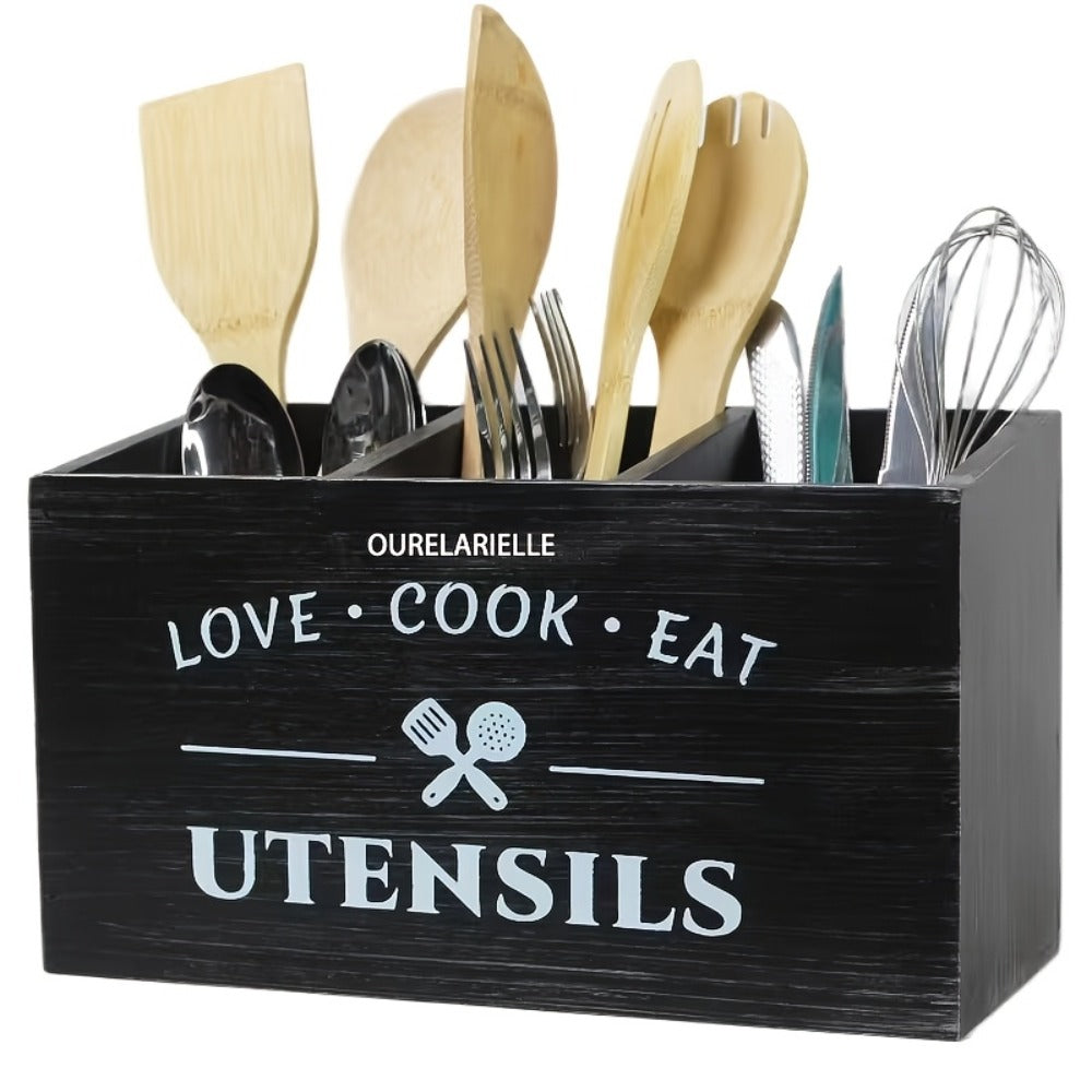 Wooden Cutlery Storage Box with Grid Compartments Chopstick Organizer Rack with Metal Accents for Kitchen Drawer Bedroom Desk Home Organization in Natural White Black