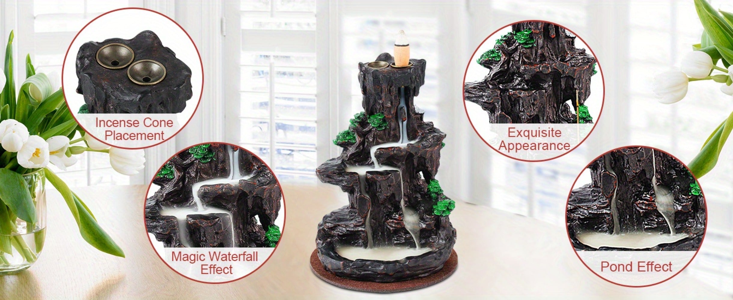 Backflow Incense Burner Waterfall Smoke Effect 2-Side Incense Holder with 120 Backflow Cones 30 Incense Sticks Aromatherapy Ornament for Home Decor Meditation Yoga Relaxation Stress Relief
