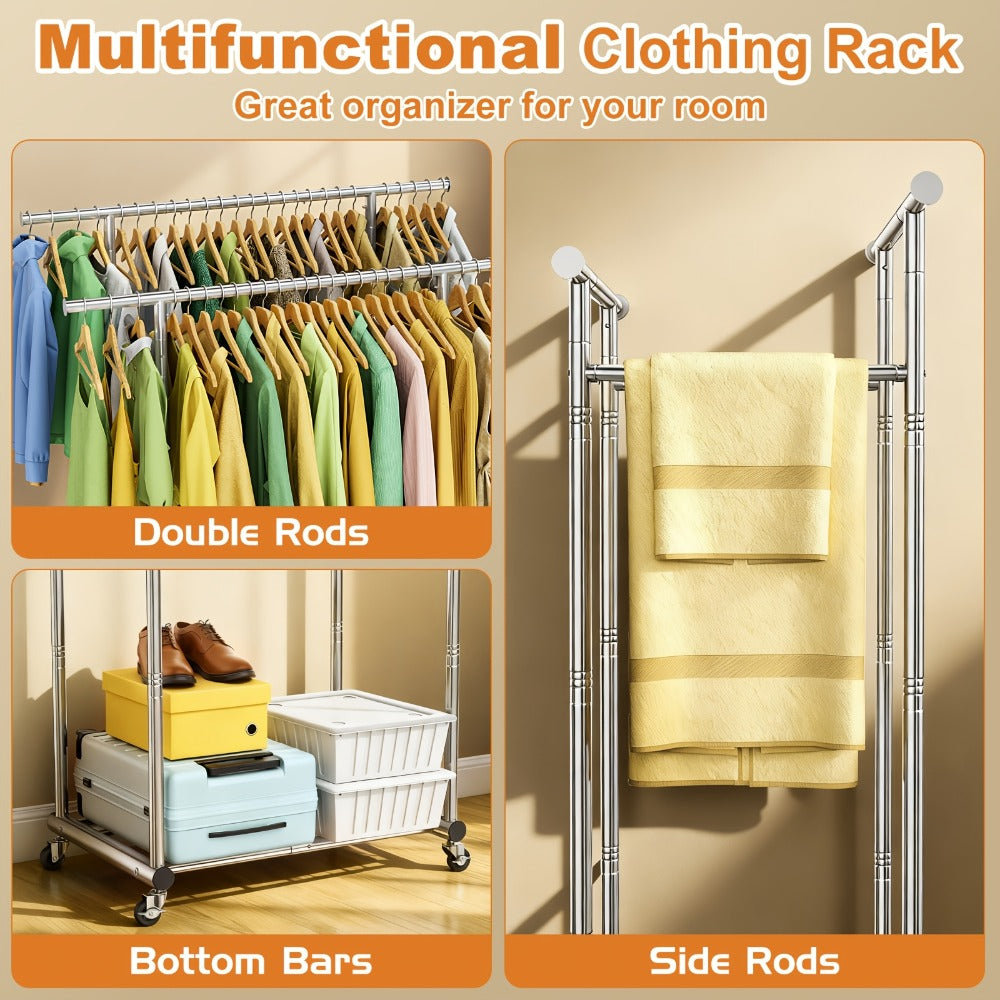 Portable Clothes Rack with Wheels ¨C Heavy Duty Double Rod Garment Rack with Shelves & Hooks | Metal Rolling Clothing Rack for Hanging Clothes | Multi-Functional Closet Rack for Bedroom & Laundry Room