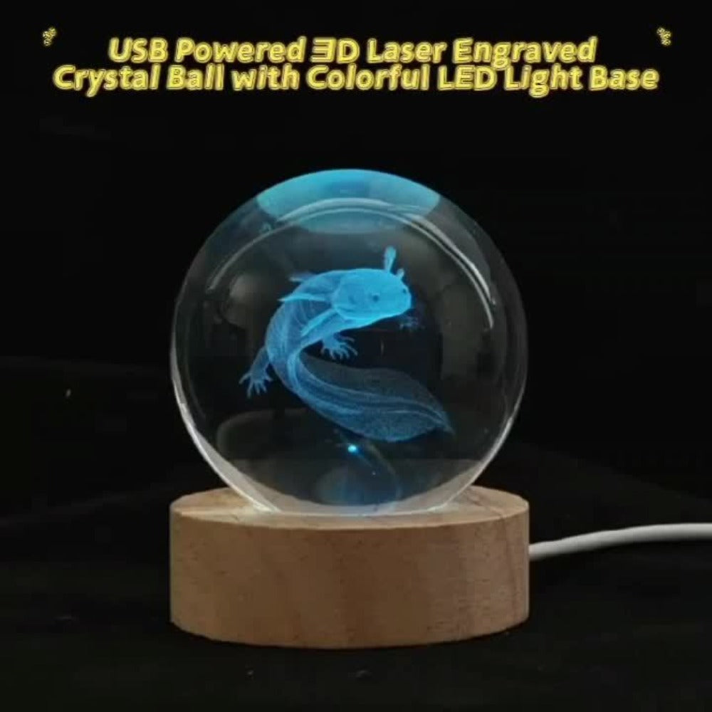 3D Axolotl Crystal Ball Night Light ¨C USB Powered LED Colorful Gradient Glow Orb Atmosphere Lamp with Bamboo Base, Amphibian Figurine Desk Light for Home Decor, Bedroom, Kids Room & Unique Gift (2.36in)