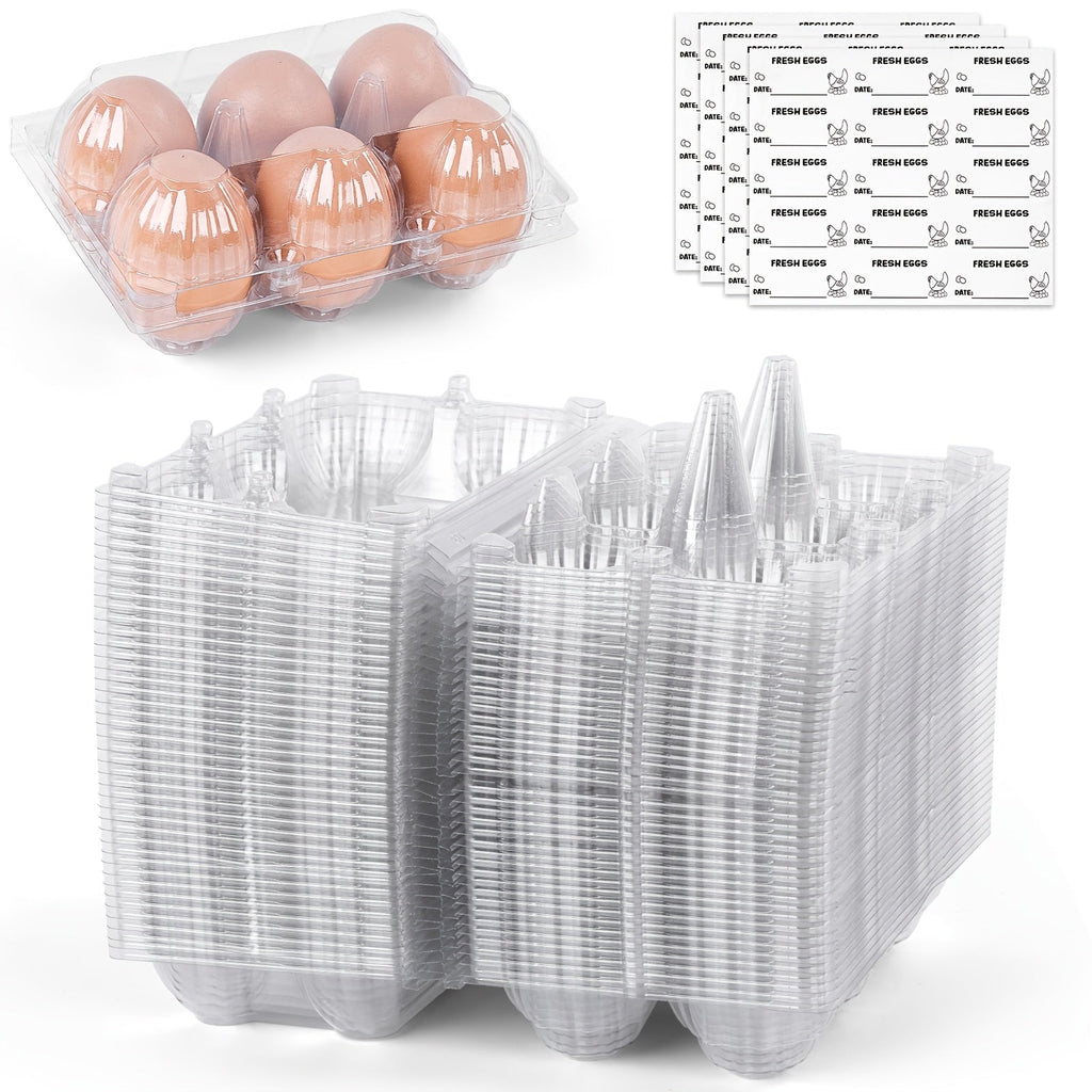 Plastic Egg Cartons, 60 Pack Clear 6-Cavity Reusable Egg Holders with 4 Label Stickers ¨C Bulk Egg Carton Set for Home, Ranch, Chicken Farm, Market Display, Kitchen Storage and Refrigerator