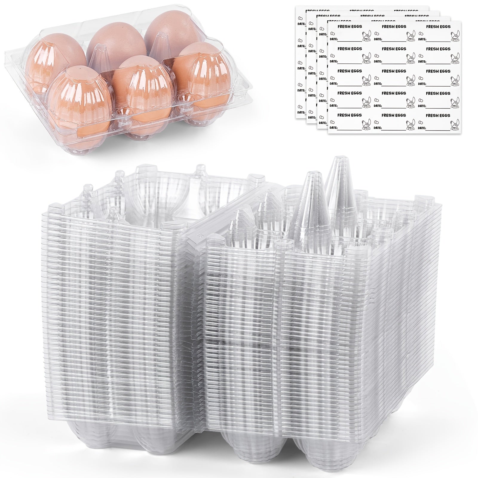 Plastic Egg Cartons, 60 Pack Clear 6-Cavity Reusable Egg Holders with 4 Label Stickers ¨C Bulk Egg Carton Set for Home, Ranch, Chicken Farm, Market Display, Kitchen Storage and Refrigerator