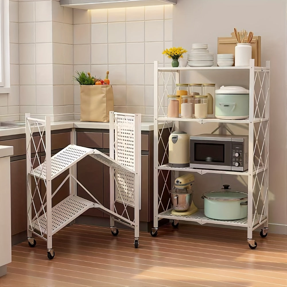 Foldable Storage Rack with Lockable Wheels 3 4 5 Tier Carbon Steel No Assembly Space Saving Floor Standing Shelf for Bedroom Balcony Garden