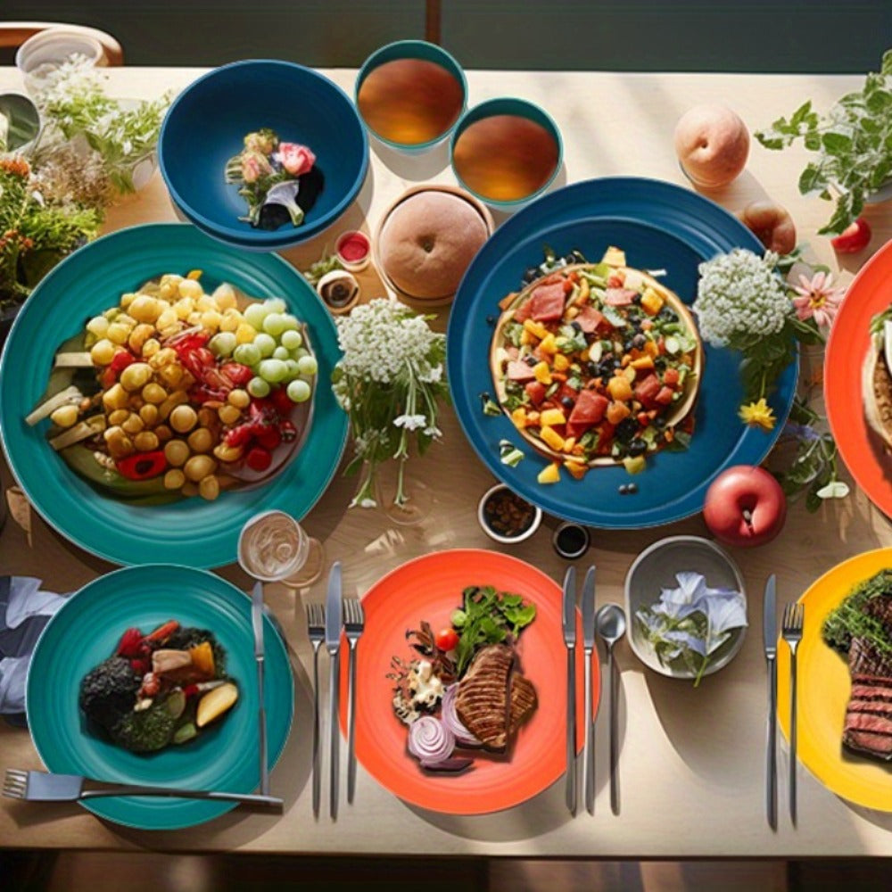 32pcs Wheat Straw Dinnerware Set for 8 - Unbreakable Plastic Plates Bowls Cups Set, Lightweight BPA-Free PP Tableware for Picnic Camping Outdoor, Modern Round Dishware for Home Parties Holiday