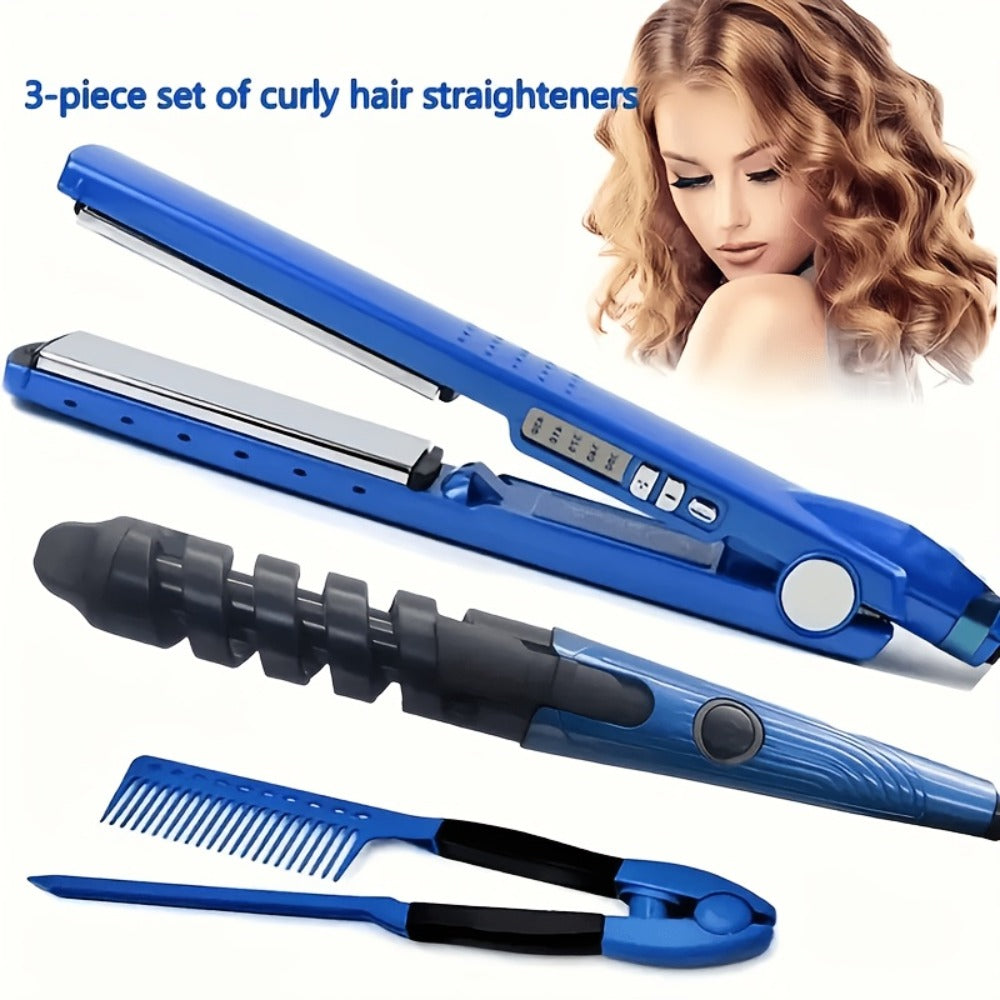 3-in-1 Hair Styling Set Flat Iron Curling Iron & Styling Comb, Anti-Scald Hair Straightener & Curler for Big Waves Straight Hair Curls, Professional Hair Tools Gift for Women, Mother's Day Birthday