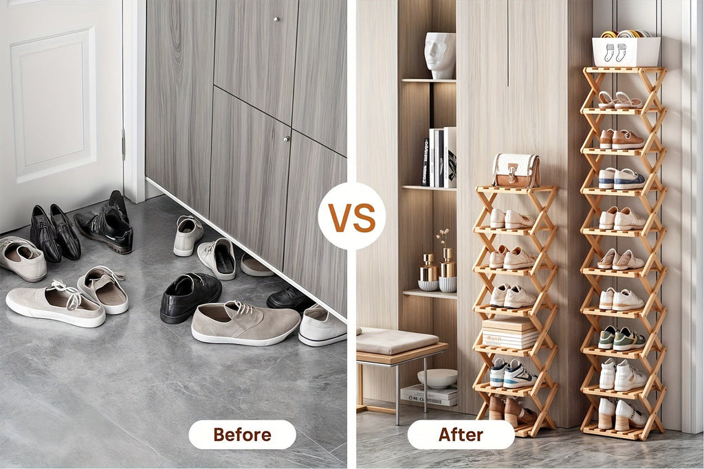 Bamboo Shoe Rack Foldable Multi-Tier ¨C Space-Saving Shoe Storage Shelf, Easy Assembly Standalone Organizer for Entryway, Hallway, Bedroom, Bathroom & Office ¨C 6 or 8 Tier Options