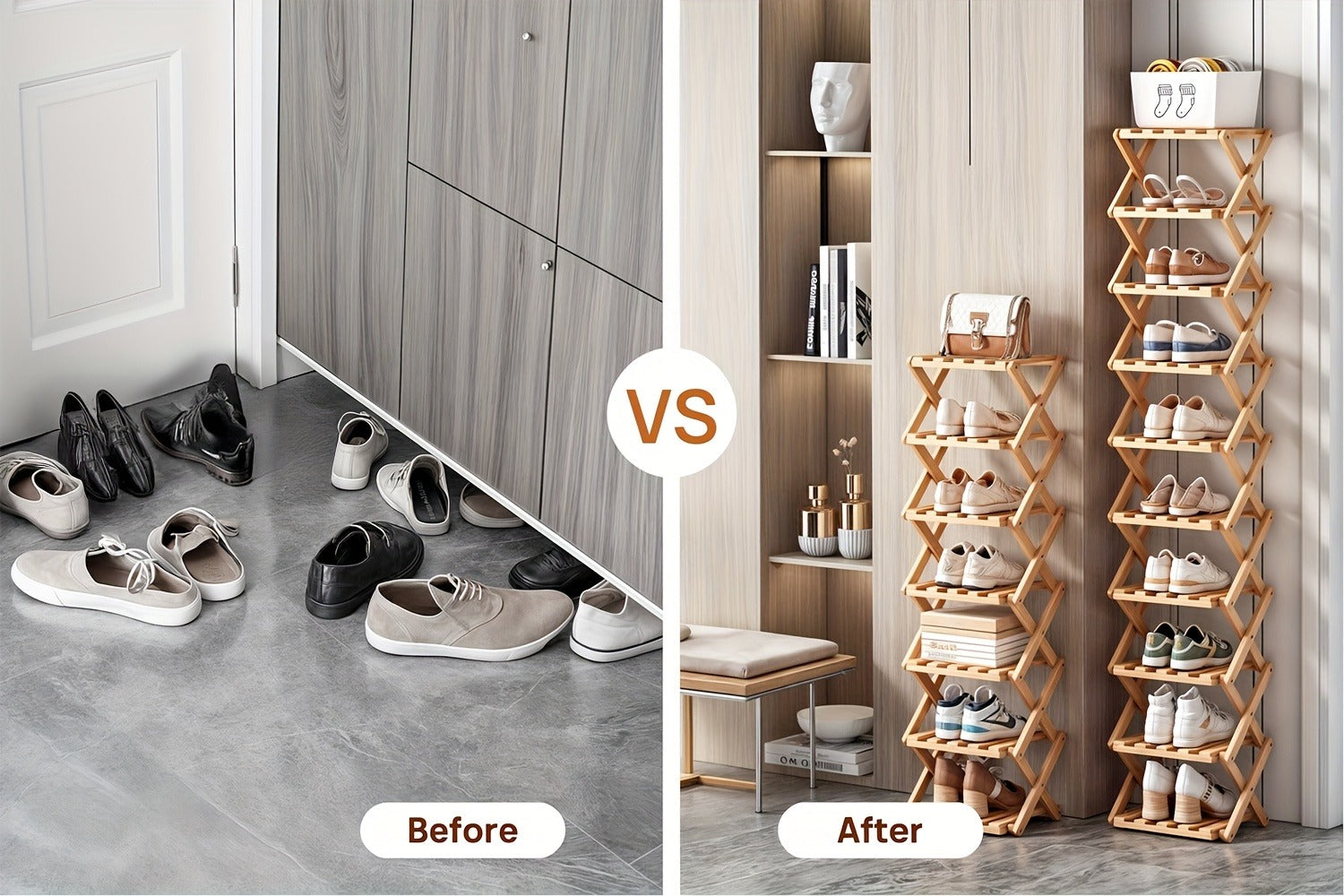 Bamboo Shoe Rack Foldable Multi-Tier ¨C Space-Saving Shoe Storage Shelf, Easy Assembly Standalone Organizer for Entryway, Hallway, Bedroom, Bathroom & Office ¨C 6 or 8 Tier Options