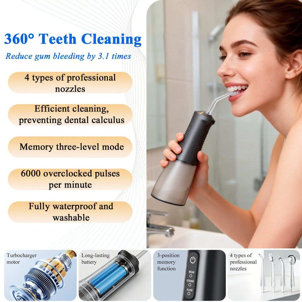 Water Flosser Cordless Oral Irrigator - Rechargeable Electric Dental Cleaner with 6 Interchangeable Nozzles, Adjustable Pressure Control, Plaque & Tartar Removal, USB Powered, Portable for Home & Travel Use