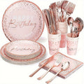 Birthday Party Plates and Napkins Set 175pcs Pink Rose Gold Disposable Tableware Forks Knives Spoons Serves 25 Guests Girl Birthday Party Supplies