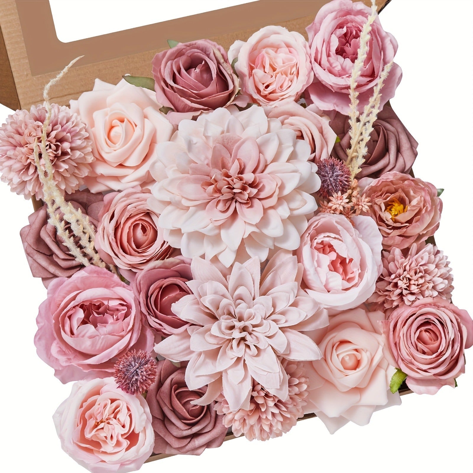 Pink Rose Dahlia Faux Flowers Box - Realistic PE Foam Artificial Flowers with Wire Stems for Wedding Bridal Bouquet Home Decor Table Arrangement Party Cake Baby Shower Birthday Decoration