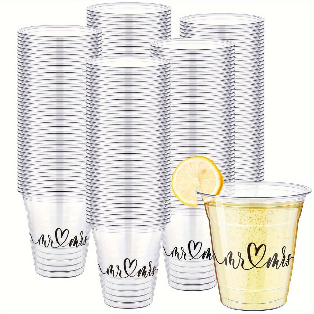 Disposable Wedding Cups 200 Pack 10oz Clear Plastic Glasses Bulk for Wedding Reception Supplies Bridal Shower Anniversary Birthday Party Mr and Mrs