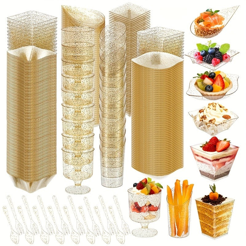Disposable Tableware Set 400pcs Clear Dessert Plates Cups Forks Spoons Party Supplies for Festival Birthday Wedding Home Includes 100 Each Plates Cups Forks Spoons