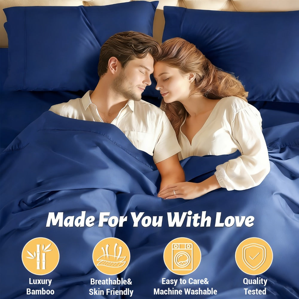 Bamboo Bed Sheet Set 4 Piece Extra Deep Pocket Cooling Breathable Soft Wrinkle Free Hotel Luxury Fitted Sheet Flat Sheet Pillowcases Twin Full Queen King