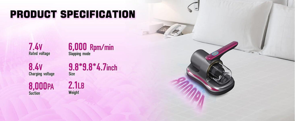 Cordless Mattress Vacuum Cleaner Handheld Bed Vacuum for Dust Mites, Allergens & Pet Hair - Portable Wireless Upholstery Vacuum for Mattress, Sofa, Carpet & Bedding, Lightweight Easy to Use, Purple