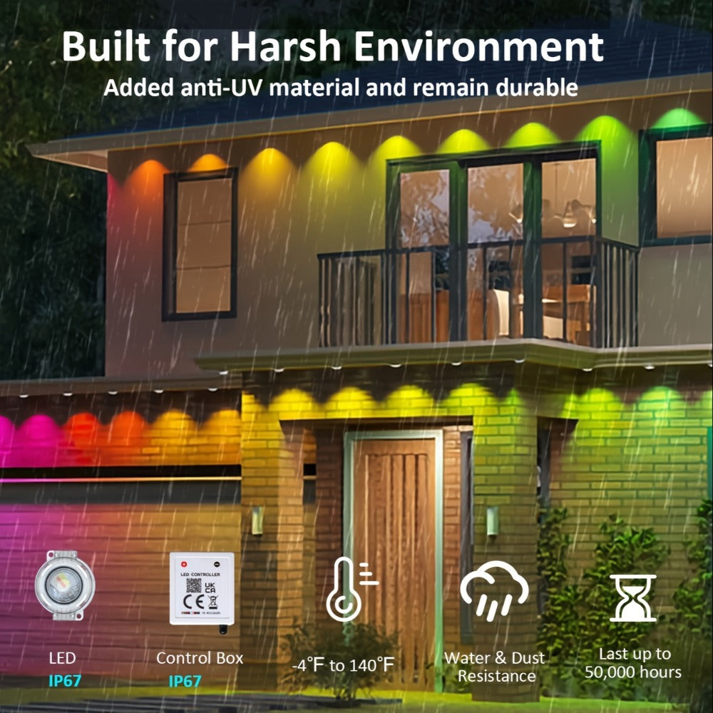 Permanent Outdoor Lights RGB LED Eave Lights with App & Remote Control, IP67 Waterproof, Music Sync, Timer, Triangular Lens Effect, for Christmas Halloween Holiday Everyday Accent Lighting ¨C 15ft to 500ft
