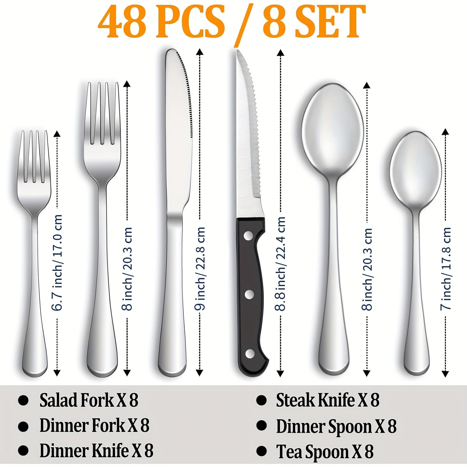Stainless Steel Flatware Set with Steak Knives ¨C 24/48 Piece Silverware Set Service for 4 or 8, Mirror Polished Cutlery, Dishwasher Safe, Silver & Black
