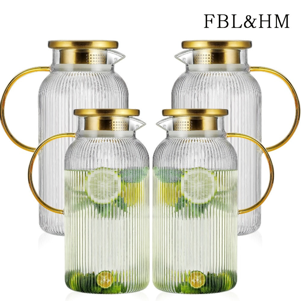 Glass Pitcher with Stainless Steel Lid 68oz 2 Liter Borosilicate Water Pitcher Carafe for Cold Brew, Lemonade, Iced Tea & Milk ¨C Heat Resistant, 2 or 4 Pack