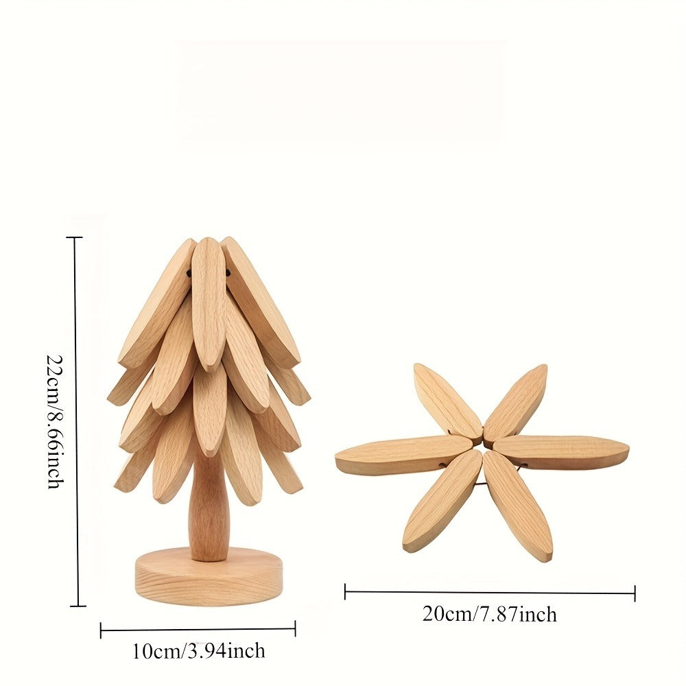 Solid Wood Trivet Mat Set 6pcs with Storage Rack ¨C Heat-Resistant Tree-Shaped Coasters, Natural Foldable Wooden Kitchen Trivets for Hot Dishes, Pots, Bowls & Teapots