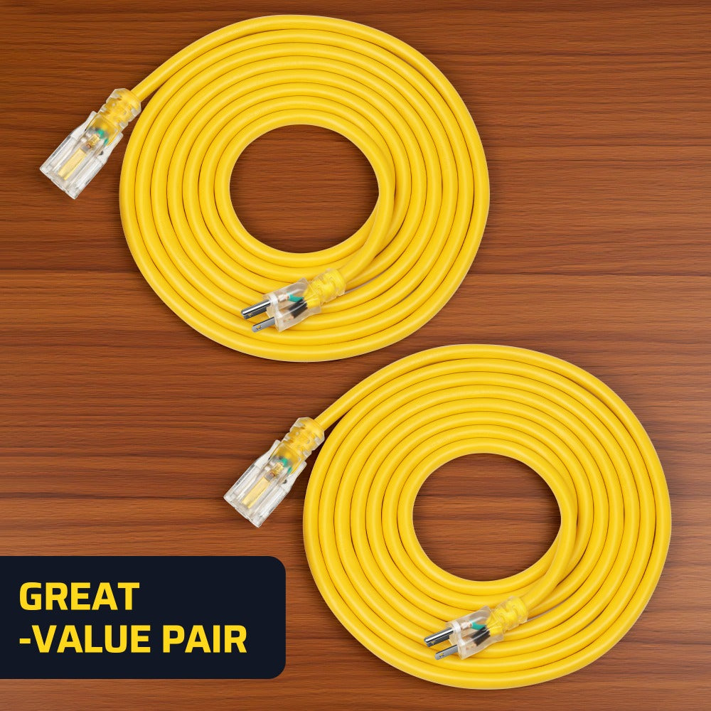 Extension Cord 2 Pack 15ft Heavy Duty Outdoor Indoor SJTW 16/3 Full Copper Wire LED Power Indicator 13A 125V 1625W Grounded 3 Prong