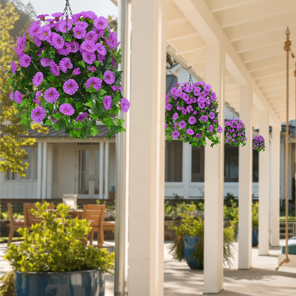 Artificial Hanging Flowers Outdoor UV-Resistant Fake Petunias with Planter Basket ¨C Realistic Faux Hanging Plants for Garden Patio Porch Balcony Railing Decor