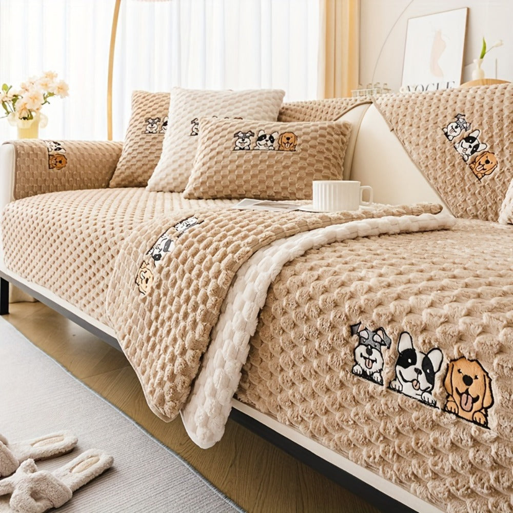 Velvet Sofa Slipcover Honeycomb Texture 1pc - Cute Dog Embroidery Bohemian Style Non-Slip Pet Friendly Machine Washable Polyester Couch Cover | Gray Khaki White | 2 3 4 Seat Living Room Home Decor