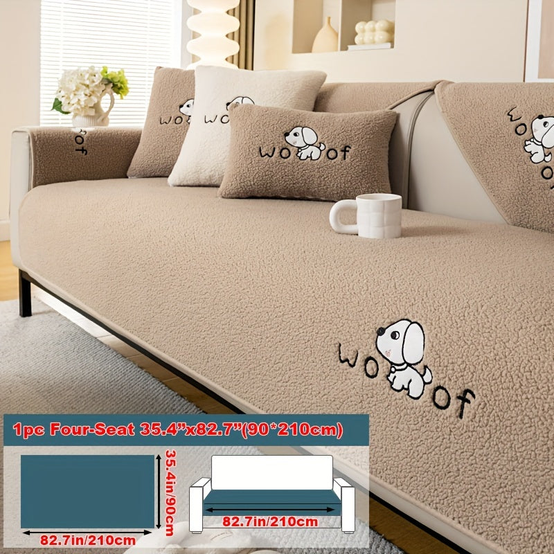 Sherpa Plush Sofa Cover Non-Slip | Thick Fleece Couch Protector, Pet Friendly Furniture Shield, 1 to 4 Seat, Armrest Backrest Pillowcase, Deep Gray Light Gray Coffee Off White