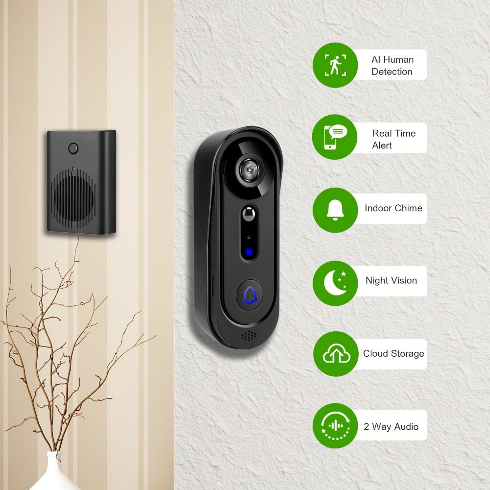 Wireless Video Doorbell Camera 1080P HD Night Vision Motion Detection Two-Way Audio Battery Powered Indoor Chime Cloud Storage Smart Home Security 2.4GHz WiFi Black