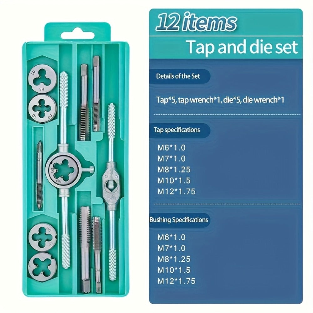 Metric Tap and Die Set 12pcs or 40pcs, M3-M12 Hand Thread Tapping Tool Kit with Plug Taps, Straight & Cone Reamers, Manual Threading Tool for DIY, Household Repair & Metalworking