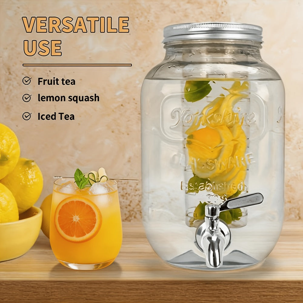 Glass Beverage Dispenser Set with Stand, 1-Gallon Square Glass Drink Dispenser with Stainless Steel Spigot & Ice Tube, Leak-Proof Lemonade Dispenser for Kitchen, Parties, Camping, 2pcs