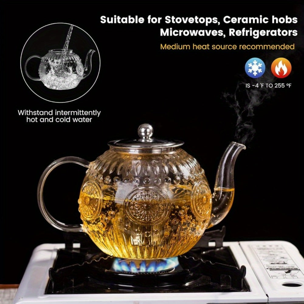 Vintage Glass Teapot 50oz 1500ml with Removable Infuser Stovetop Safe Borosilicate Tea Kettle Elegant Floral Design Durable Easy Clean for Loose Leaf Blooming Tea