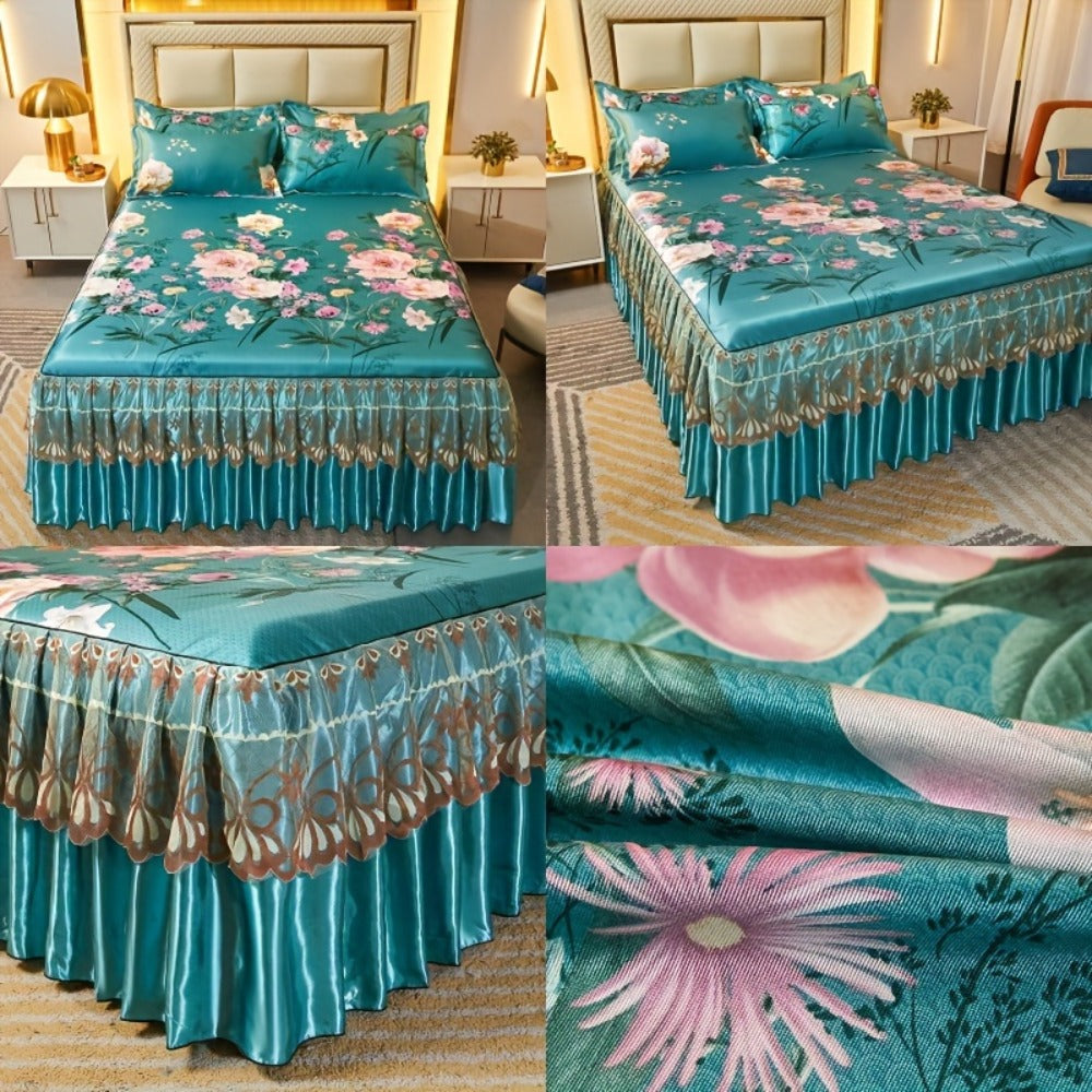 Floral Ruffle Bed Skirt Cool Mat 3 Piece Set with Pillowcase, Double Layer 360¡ã Full Wrap Washable Cooling Mattress Cover, Breathable Summer Bedding Set for Twin Full Queen King, Parisian Romantic Floral