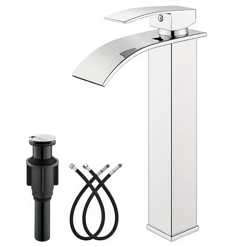 Waterfall Bathroom Faucet Single Handle - Modern Sink Faucet with Valve, Chrome & Matte Black & Brushed Nickel & Brushed Gold Finish, 1 or 3-Hole Deck Mount, G9/16 Threads, Water Supply Lines Included