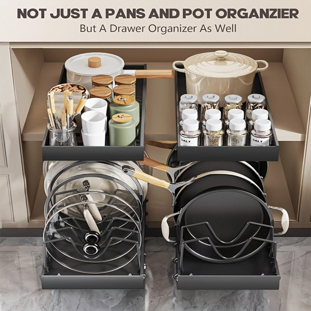 Pull Out Pot Lid Organizer Rack 2pcs Under Cabinet Pots and Pans Organizer, 8 Adjustable Dividers Slide Out Kitchen Cabinet Cookware Baking Sheet Holder, Drill-Free Easy Install
