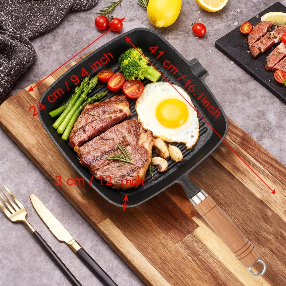 Cast Iron Grill Pan with Non-Stick Surface & Striped Design ¨C Thick Wooden Handle Skillet for Steak, Meat, Pancakes & Eggs | Gas Stove, Home & Outdoor Camping Cookware